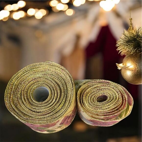 New Stats Gold Floral Wire Ribbon Three (3) Rolls Holidays Xmas Decor - Picture 3 of 6